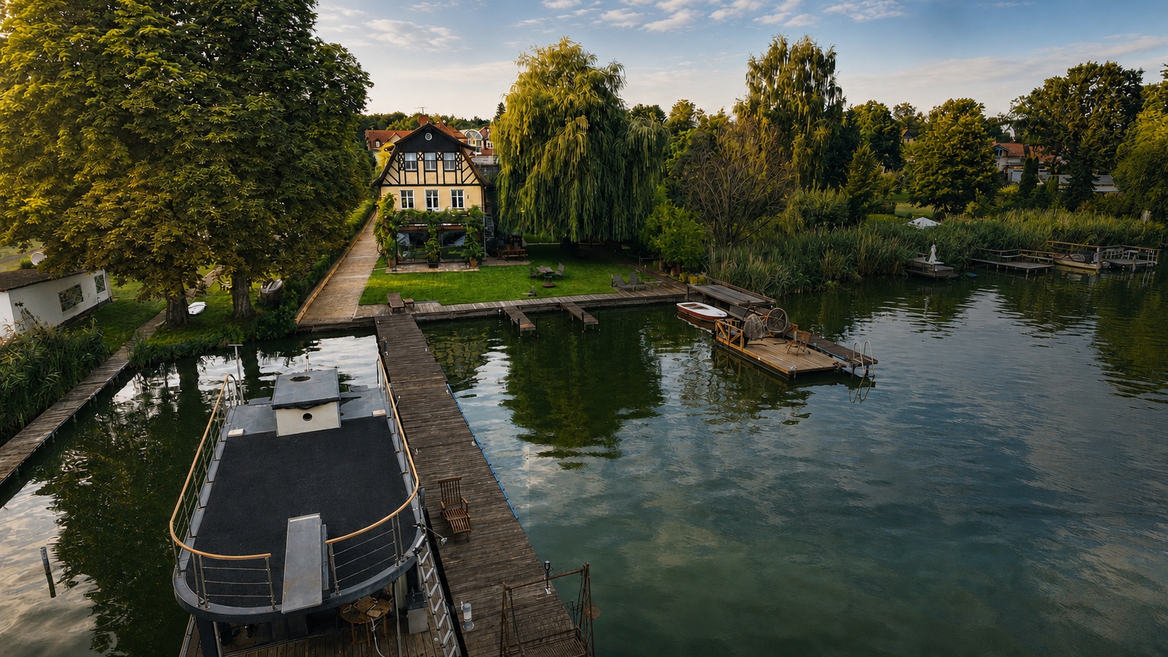 Villa am Krüpelsee Zernsdorf – Altbauvilla aus der Luft mit Stegen und Hausboot