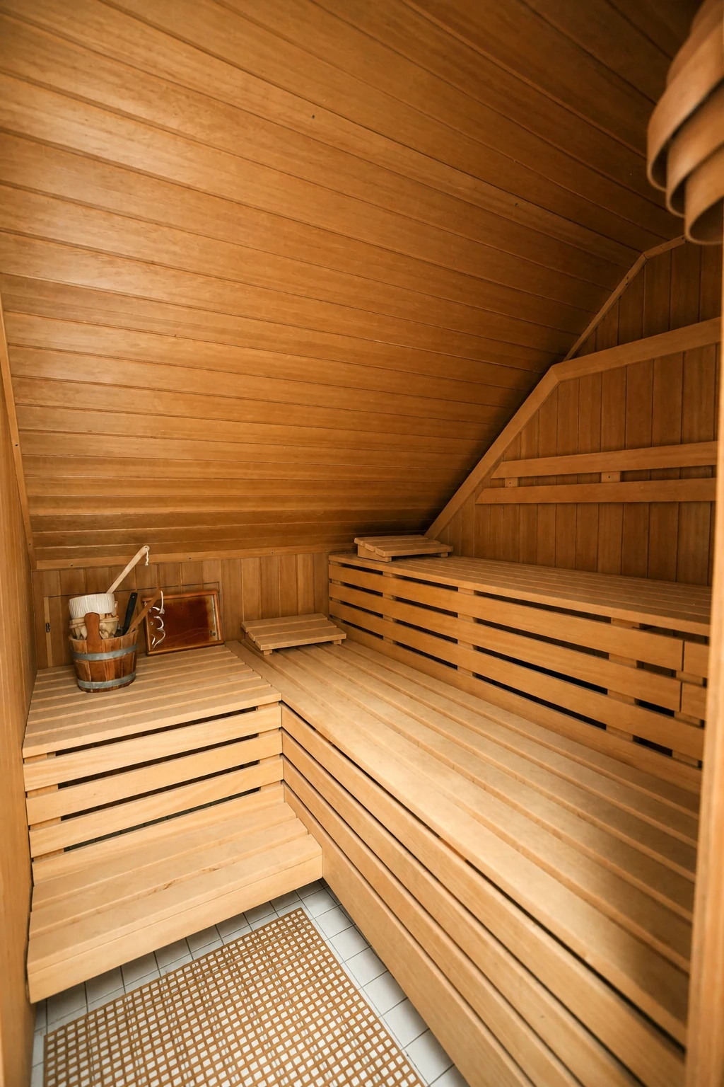 Holzkabine der Sauna mit gestuften Sitzbänken